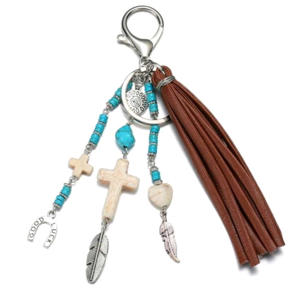 Horseshoe  Cross Tassel Bag Purse Charm Backpack Keychain with Turquoise Accents
